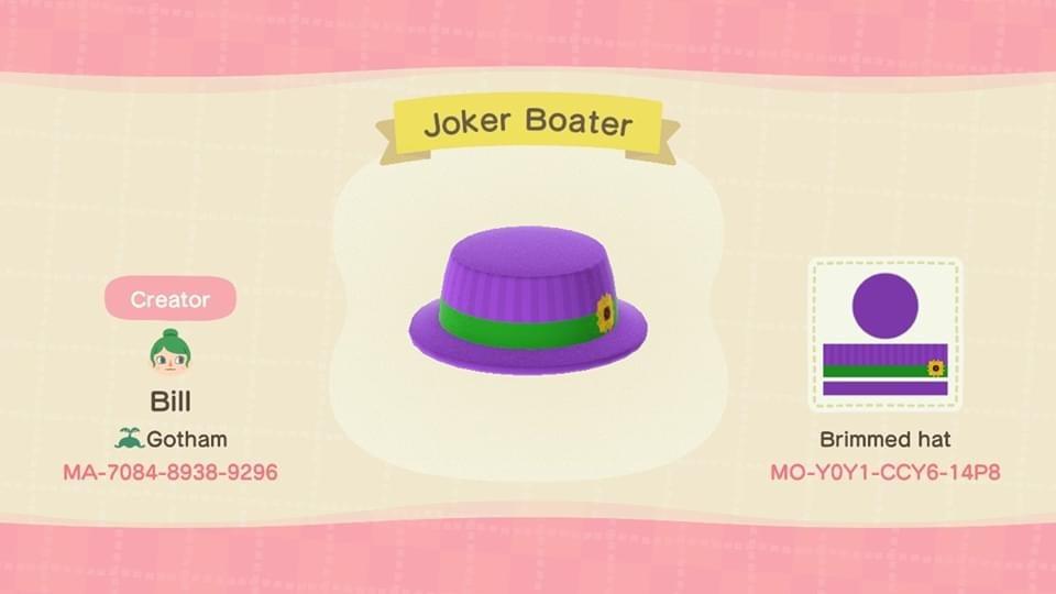 Animal Crossing Design Code: MO-Y0Y1-CCY6-14P8 Joker Boater
