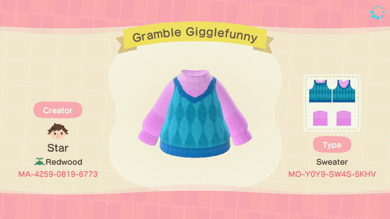Animal Crossing Design Code: MO-Y0Y9-SW4S-5KHV Gramble Gigglefunny