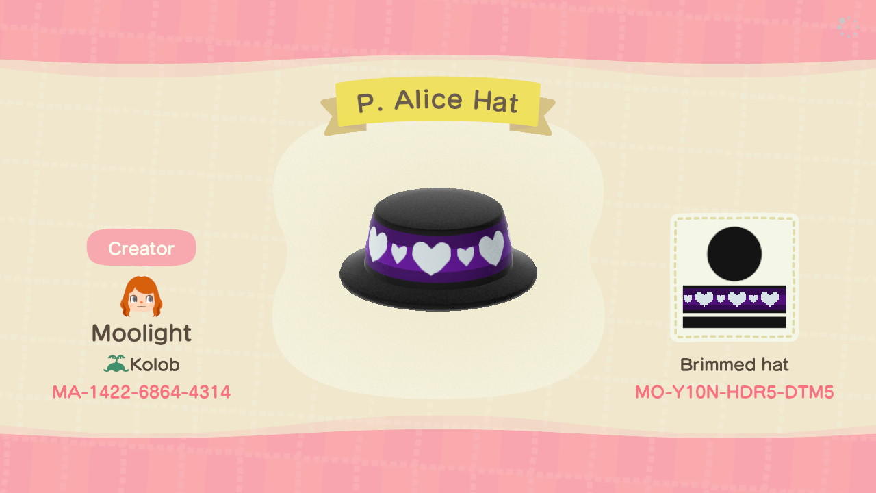 Animal Crossing Design Code: MO-Y10N-HDR5-DTM5 Purple Alice Hat