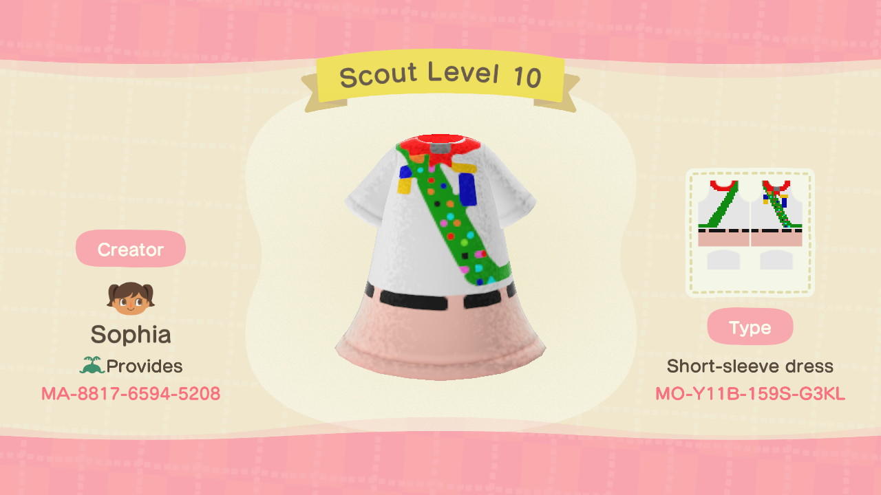 Animal Crossing Design Code: MO-Y11B-159S-G3KL Scout Level 10