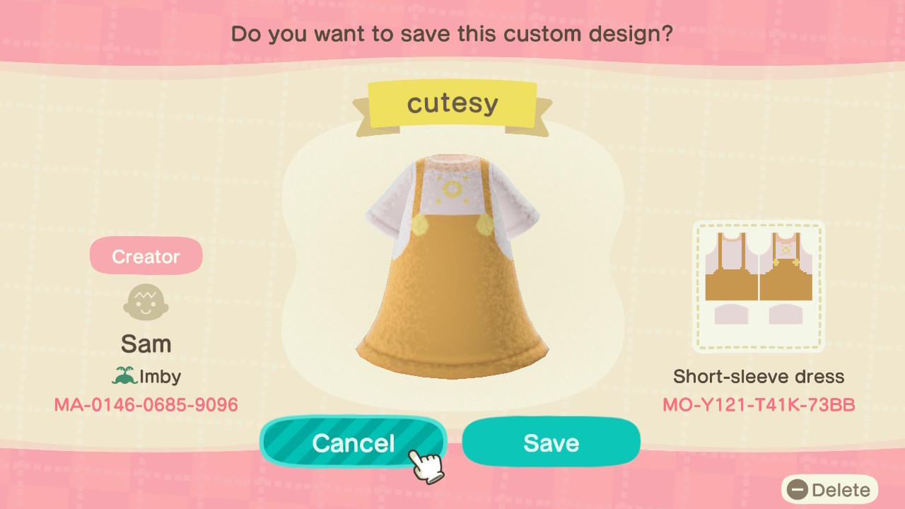 Animal Crossing Design Code: MO-Y121-T41K-73BB Cutesy Sun Dress