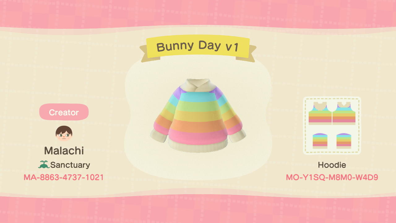 Animal Crossing Design Code: MO-Y1SQ-M8M0-W4D9 Bunny Day Hoodie
