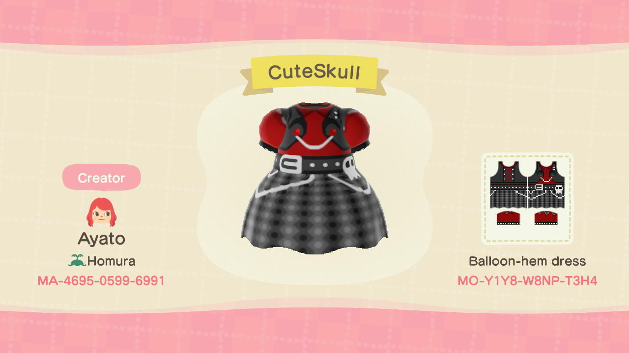 Animal Crossing Design Code: MO-Y1Y8-W8NP-T3H4 Cute Skull Dress