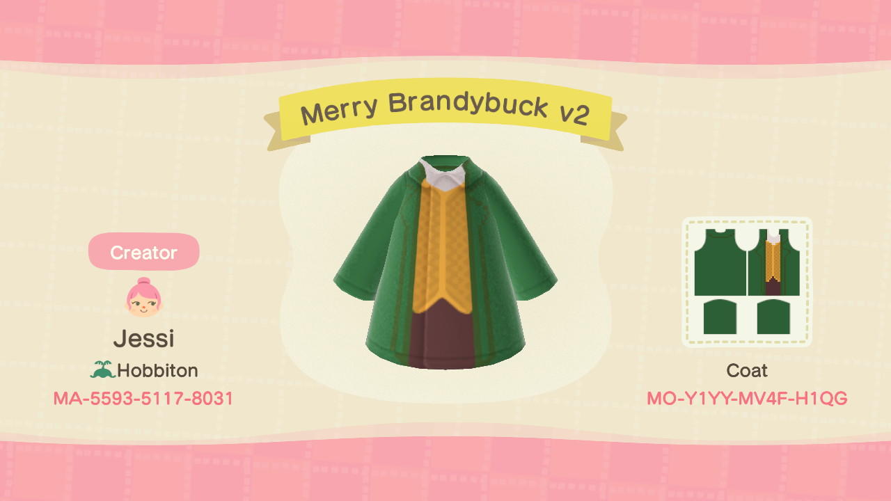 Animal Crossing Design Code: MO-Y1YY-MV4F-H1QG Merry Brandybuck v2