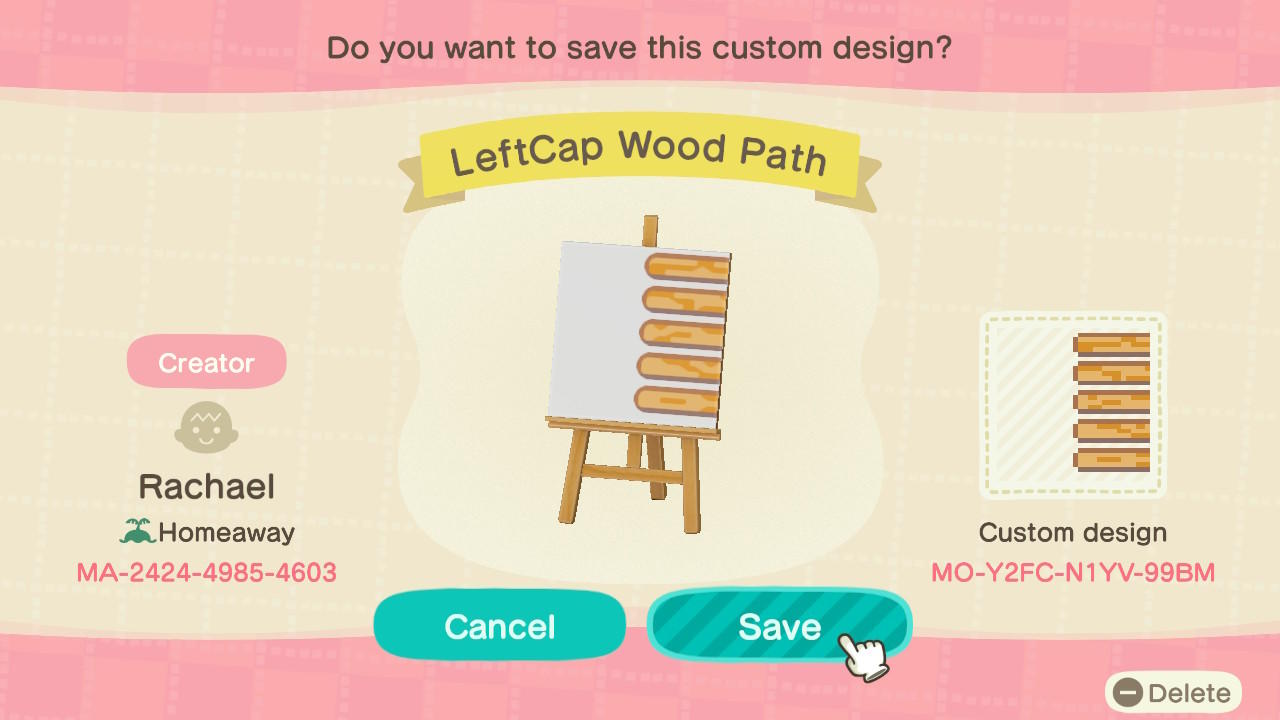 Animal Crossing Design Code: MO-Y2FC-N1YV-99BM LeftCap Wood Path
