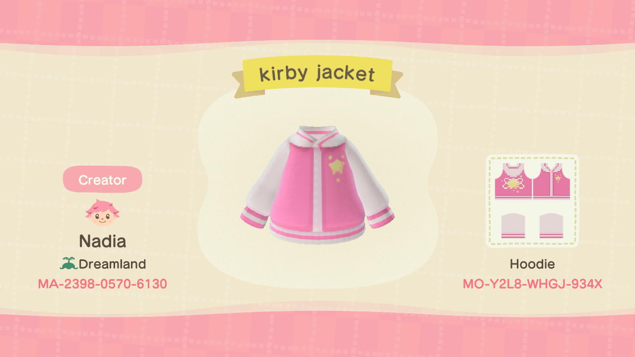 Animal Crossing Design Code: MO-Y2L8-WHGJ-934X Kirby jacket