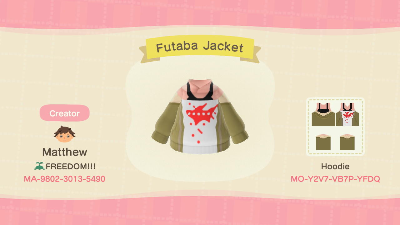 Animal Crossing Design Code: MO-Y2V7-VB7P-YFDQ Futaba Jacket