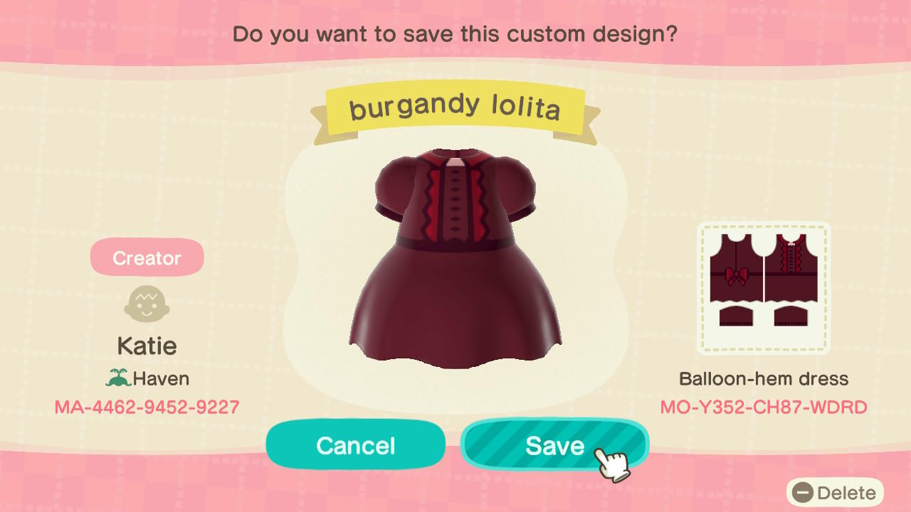 Animal Crossing Design Code: MO-Y352-CH87-WDRD Burgandy lolita