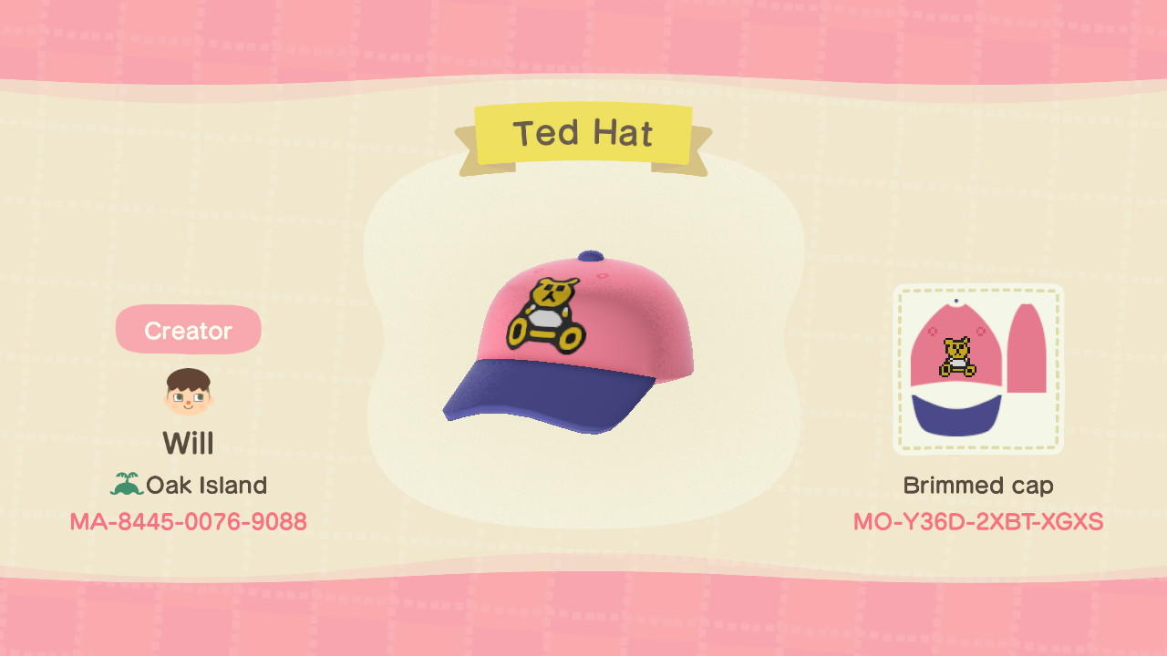 Animal Crossing Design Code: MO-Y36D-2XBT-XGXS Ted Hat