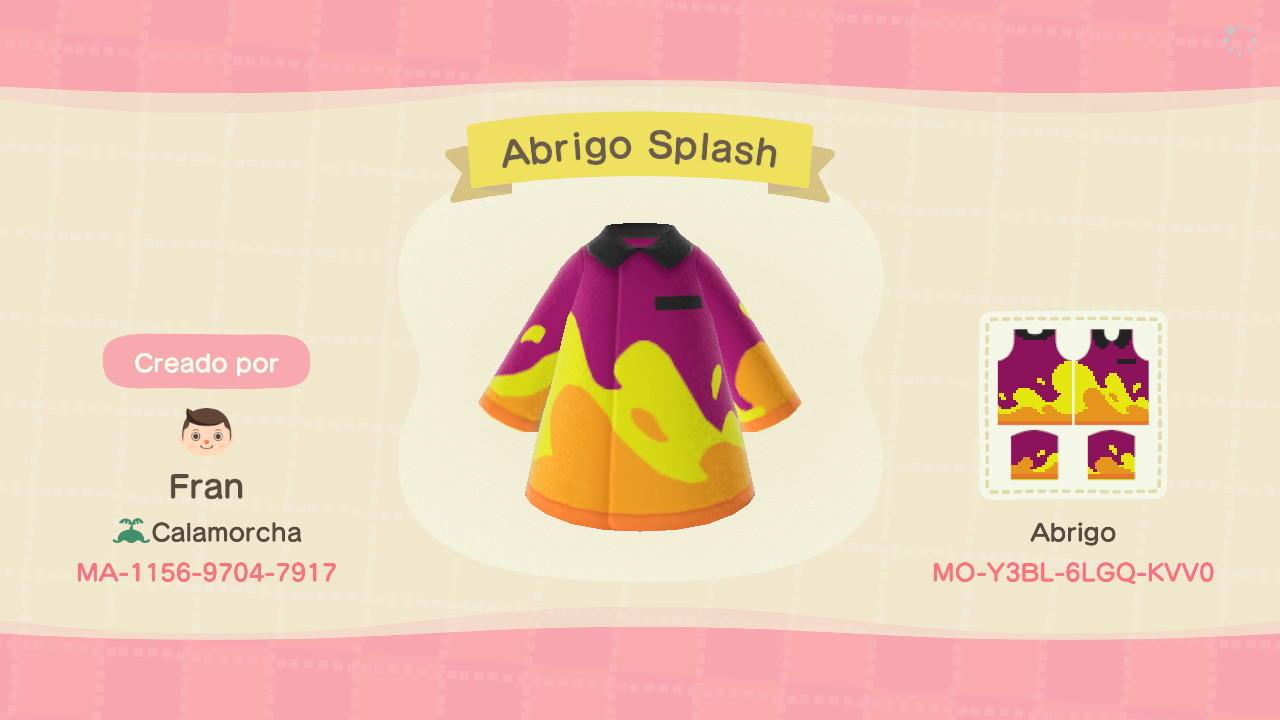 Animal Crossing Design Code: MO-Y3BL-6LGQ-KVV0 Abrigo Splash