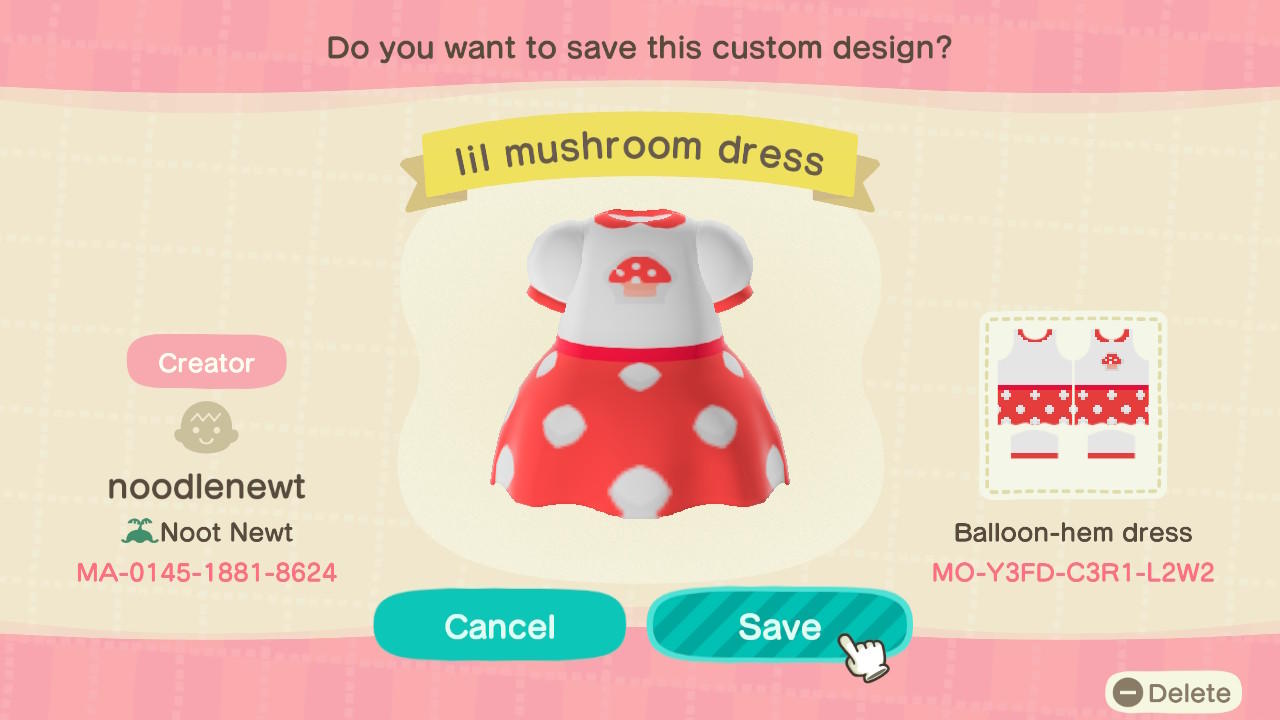 Animal Crossing Design Code: MO-Y3FD-C3R1-L2W2 Mushroom Dress