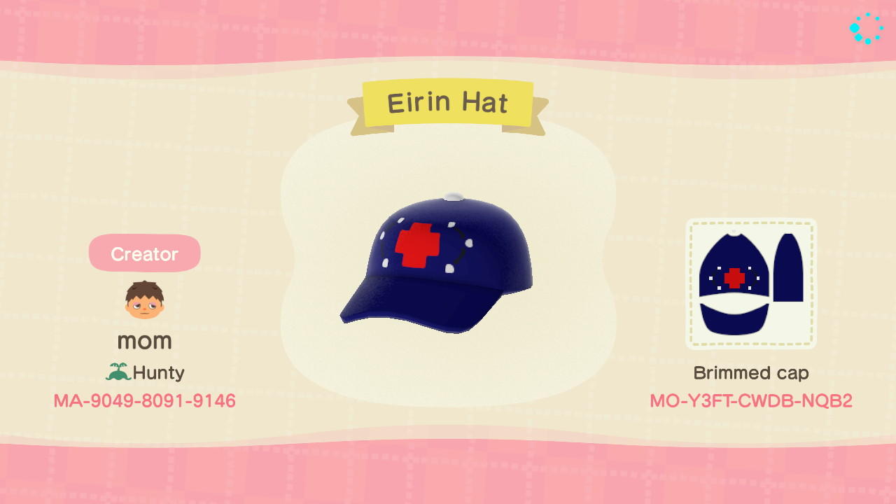 Animal Crossing Design Code: MO-Y3FT-CWDB-NQB2 Eirin Hat