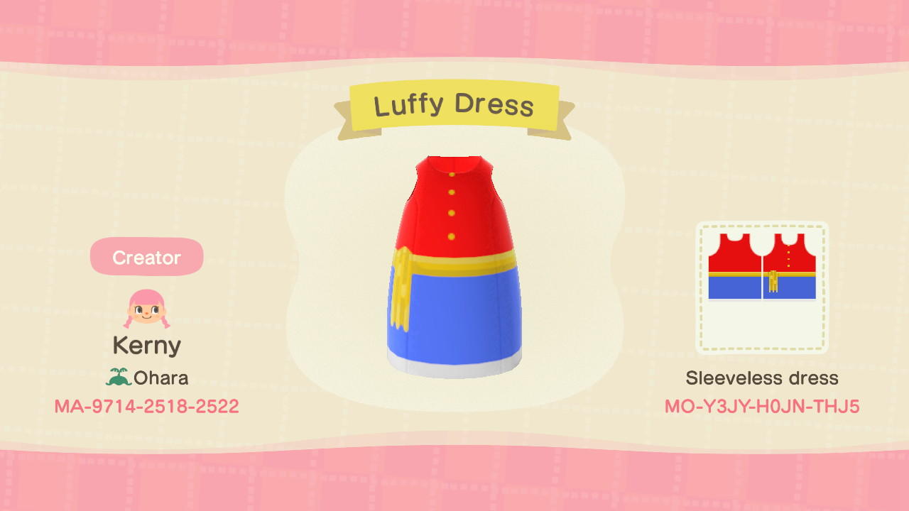 Animal Crossing Design Code: MO-Y3JY-H0JN-THJ5 Luffy Dress