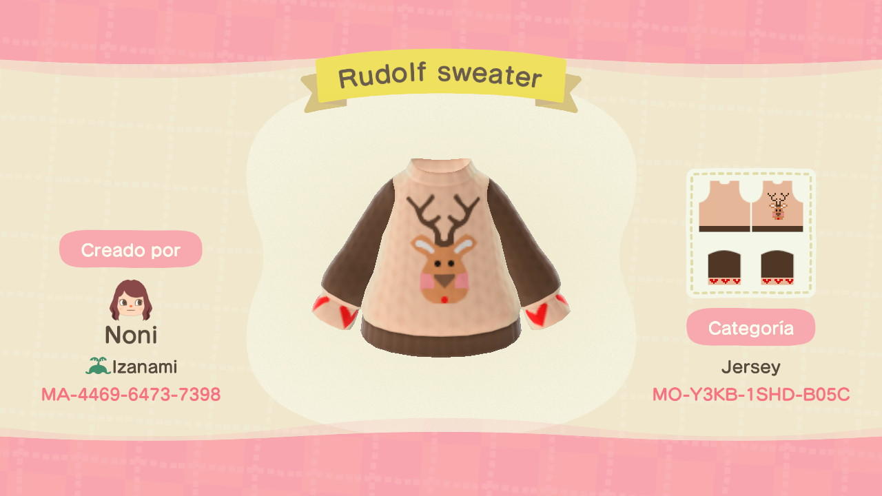 Animal Crossing Design Code: MO-Y3KB-1SHD-B05C Rudolf sweater