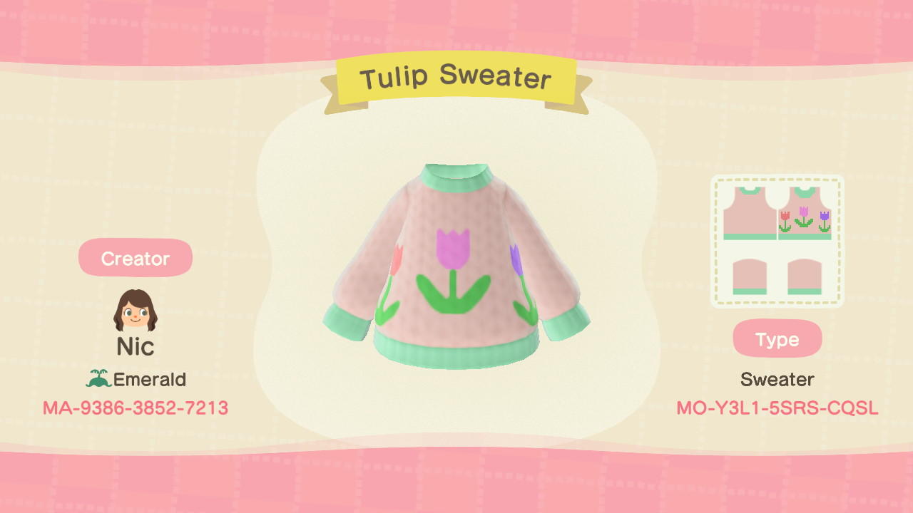 Animal Crossing Design Code: MO-Y3L1-5SRS-CQSL Tulip Sweater