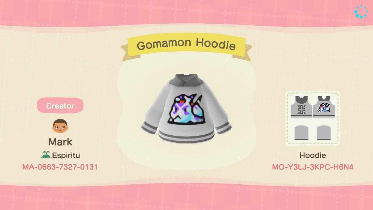 Animal Crossing Design Code: MO-Y3LJ-3KPC-H6N4 Gomamon Hoodie
