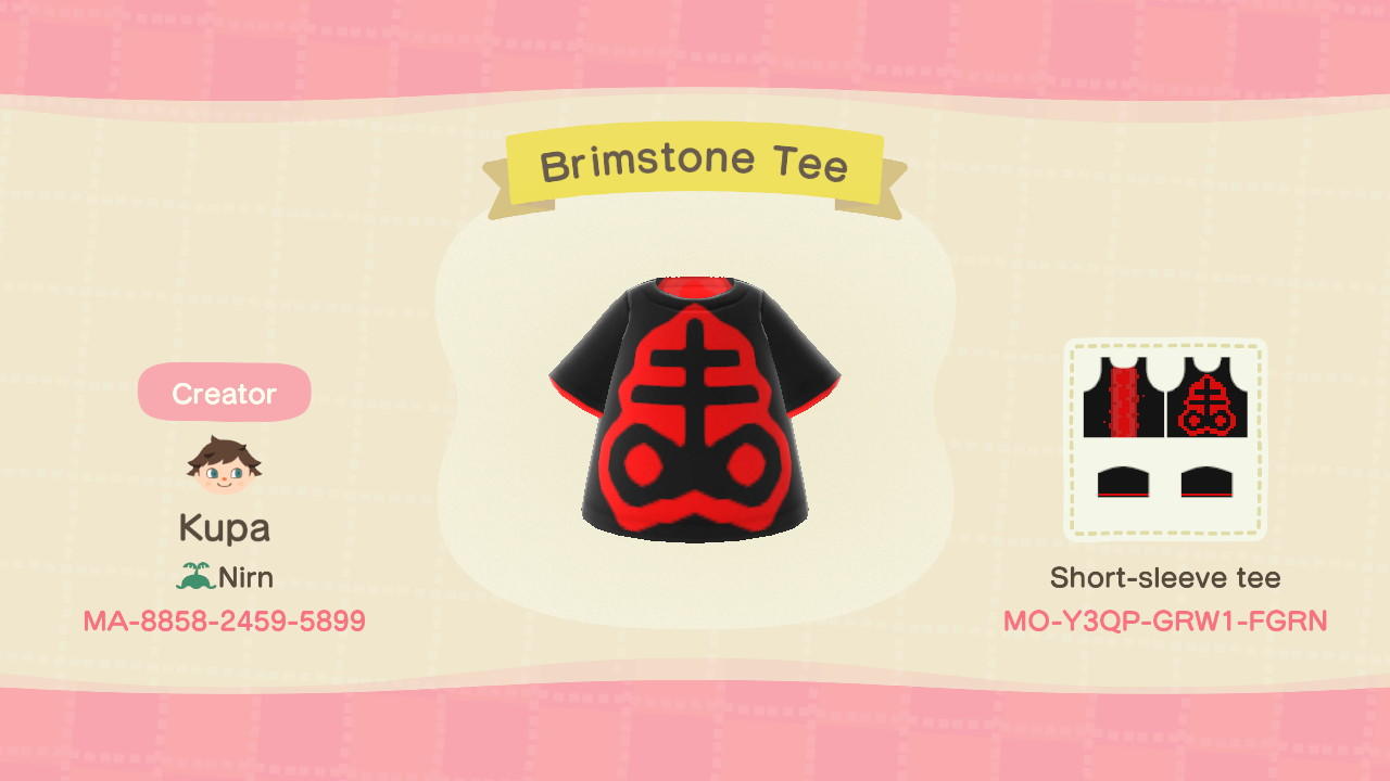Animal Crossing Design Code: MO-Y3QP-GRW1-FGRN Brimstone Tee