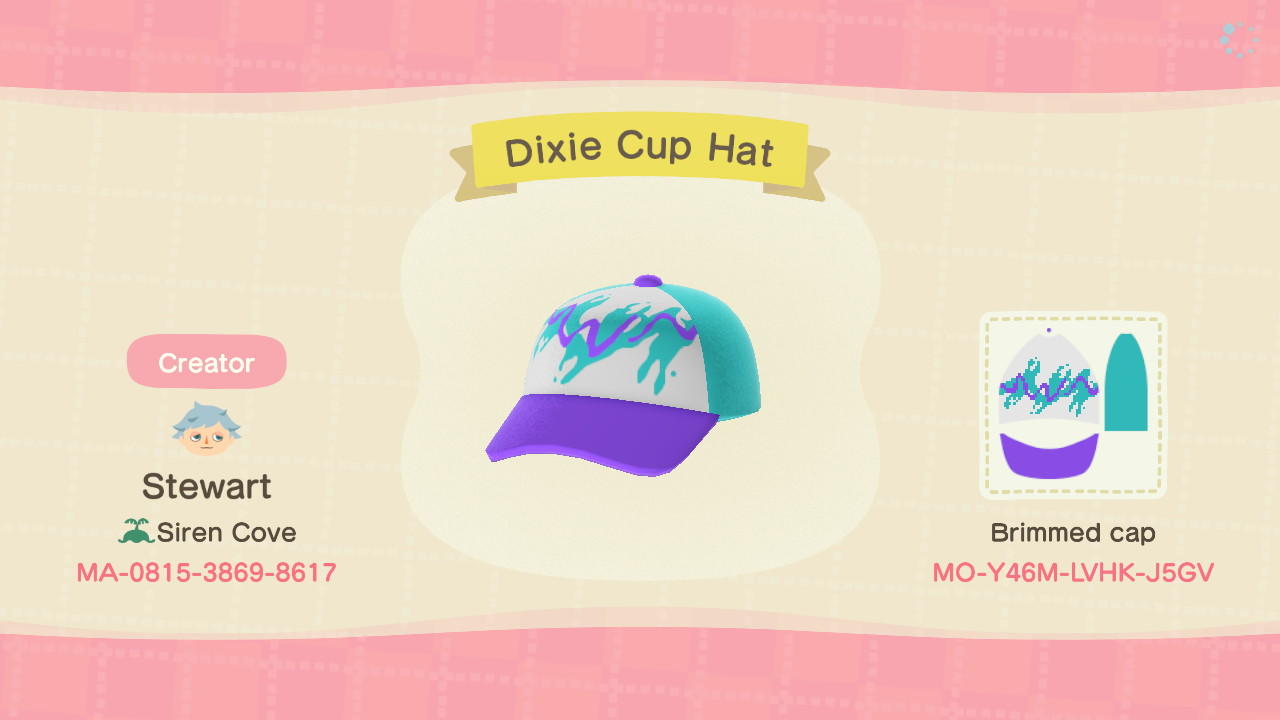 Animal Crossing Design Code: MO-Y46M-LVHK-J5GV Dixie Cup Hat