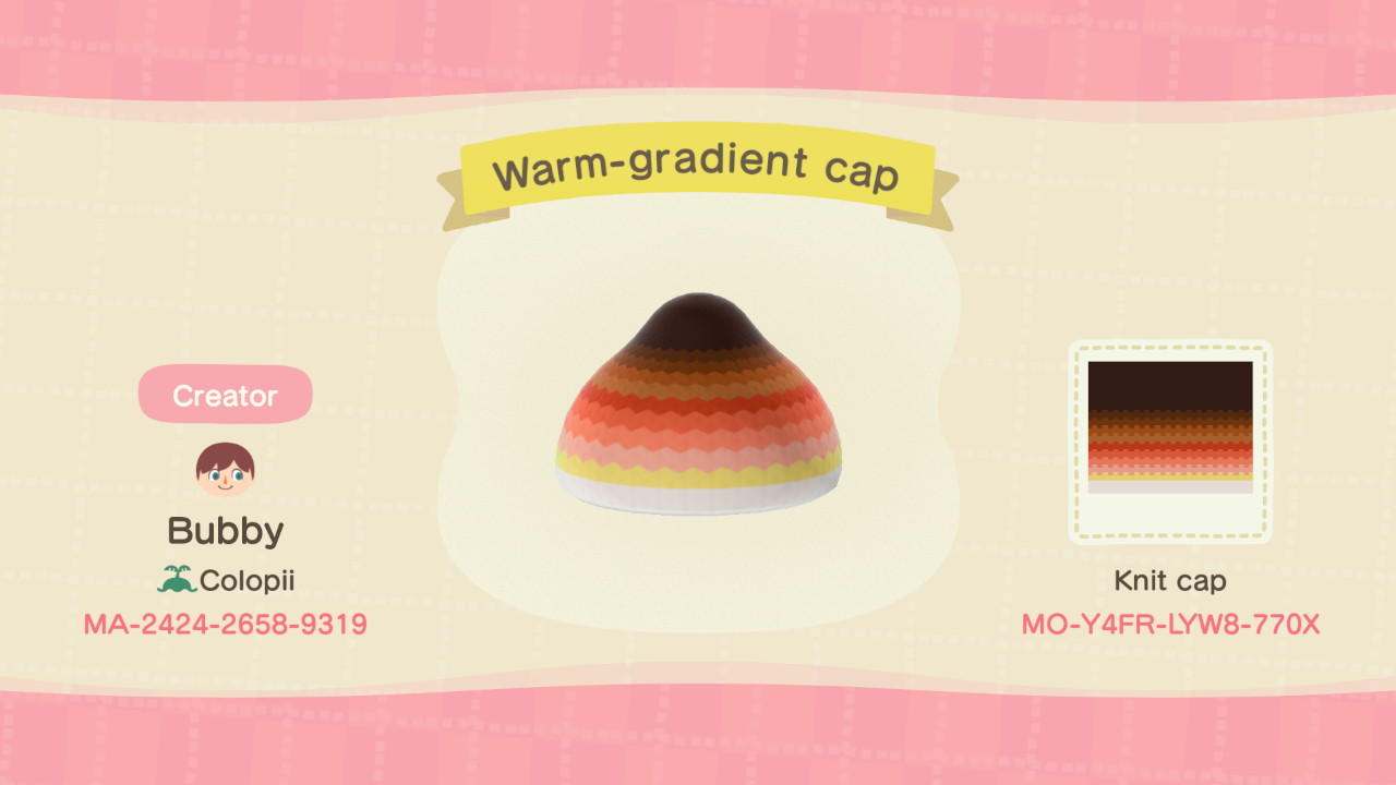 Animal Crossing Design Code: MO-Y4FR-LYW8-770X Warm-gradient cap