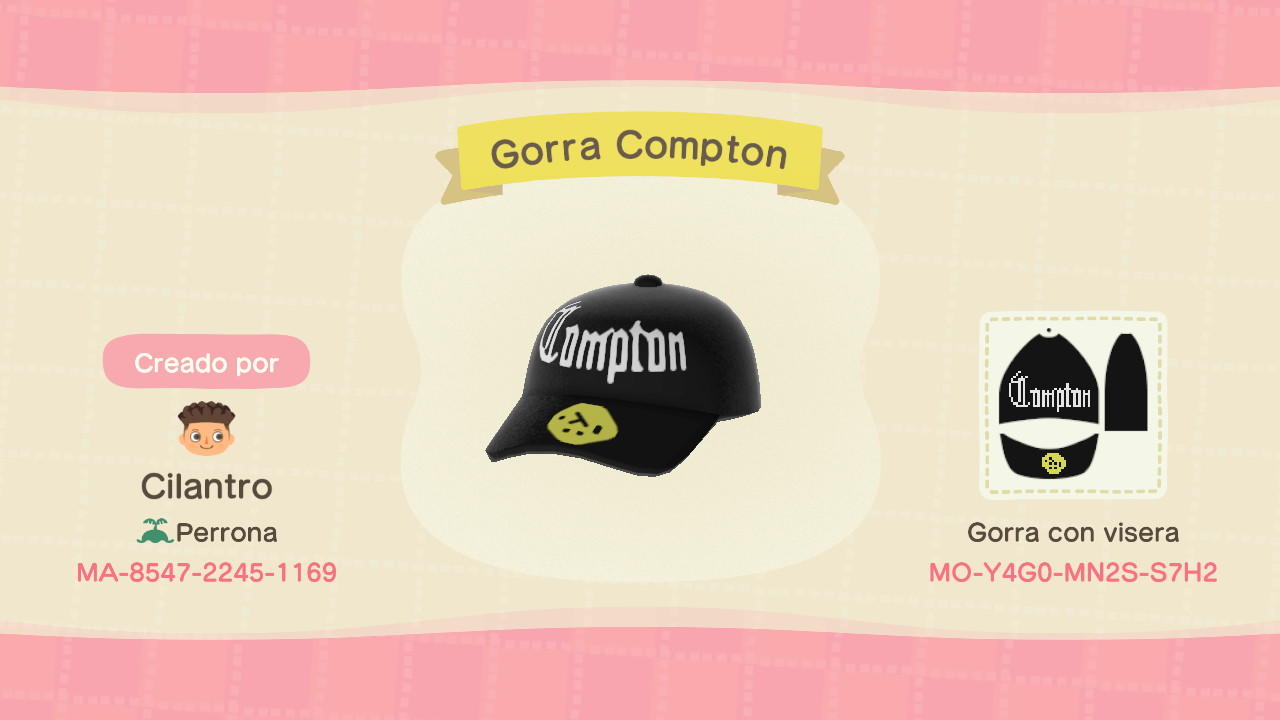 Animal Crossing Design Code: MO-Y4G0-MN2S-S7H2 Gorra Compton