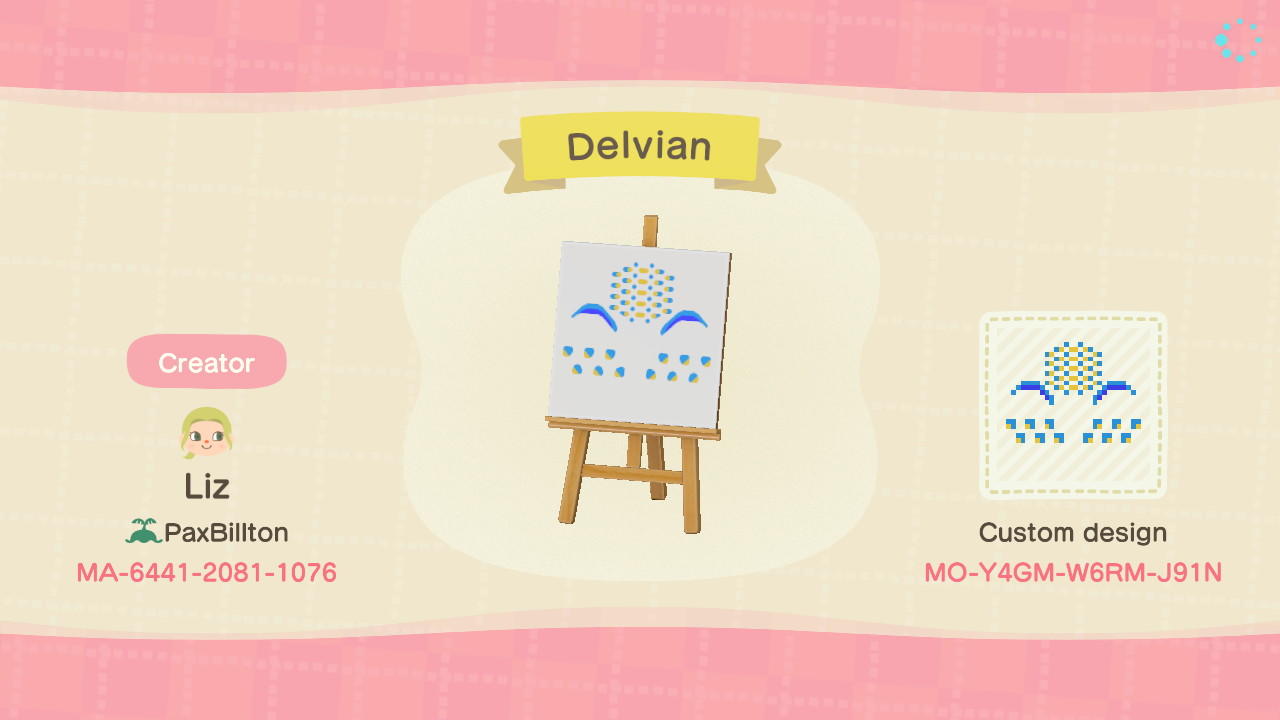 Animal Crossing Design Code: MO-Y4GM-W6RM-J91N Delvian