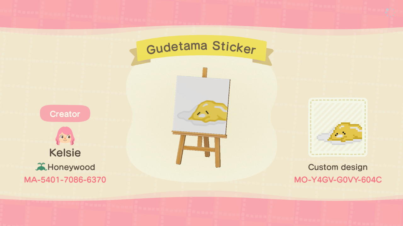 Animal Crossing Design Code: MO-Y4GV-G0VY-604C Gudetama Sticker