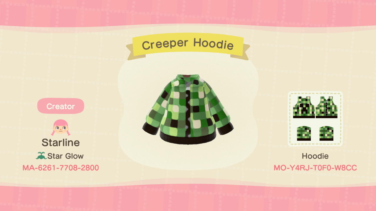Animal Crossing Design Code: MO-Y4RJ-T0F0-W8CC Creeper Hoodie