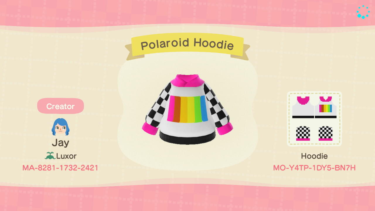 Animal Crossing Design Code: MO-Y4TP-1DY5-BN7H Polaroid Hoodie