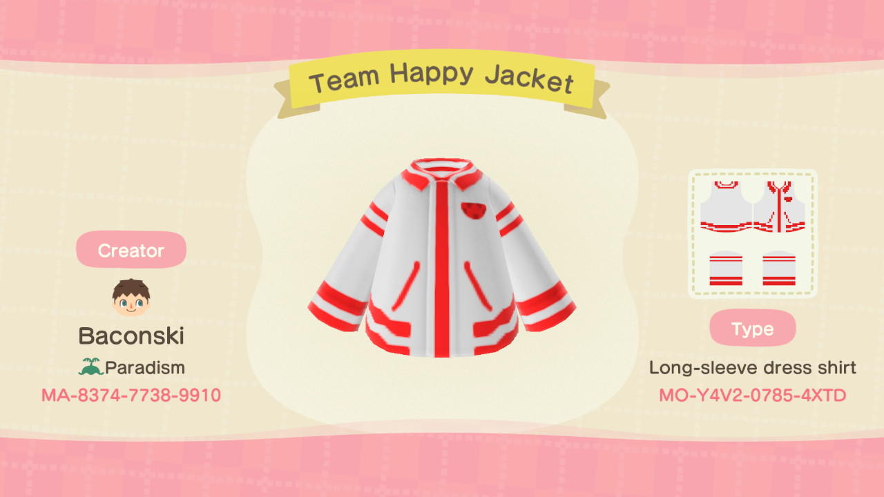 Animal Crossing Design Code: MO-Y4V2-0785-4XTD Team Happy Jacket
