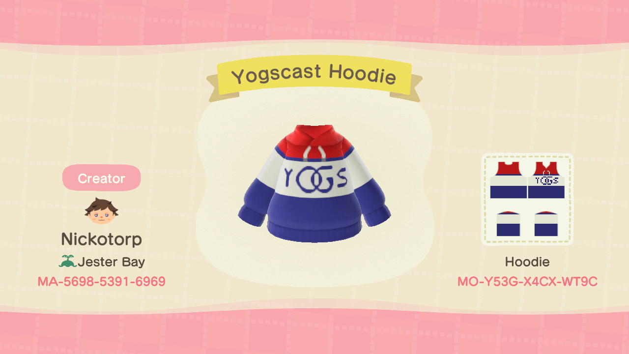 Animal Crossing Design Code: MO-Y53G-X4CX-WT9C Yogscast Hoodie