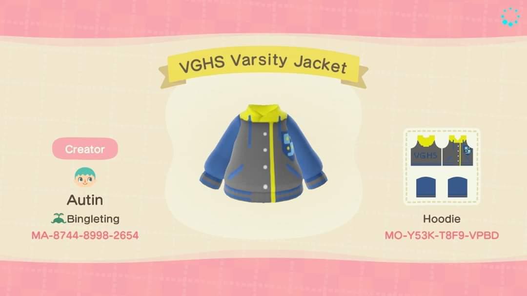 Animal Crossing Design Code: MO-Y53K-T8F9-VPBD VGHS Varsity Jacket