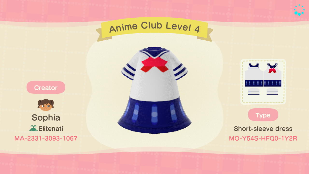 Animal Crossing Design Code: MO-Y54S-HFQ0-1Y2R Anime Club Level 4