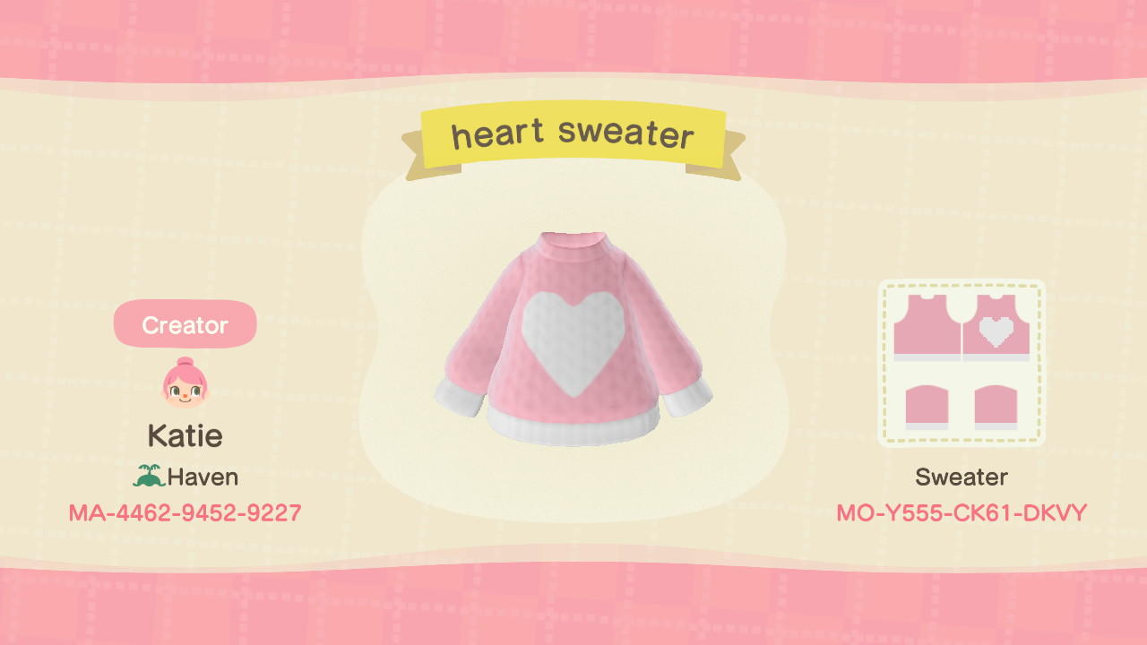 Animal Crossing Design Code: MO-Y555-CK61-DKVY Heart sweater