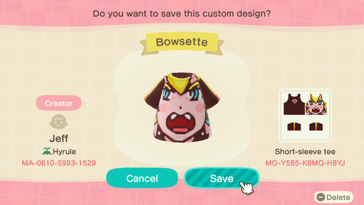 Animal Crossing Design Code: MO-Y585-K8MQ-H8YJ Bowsette