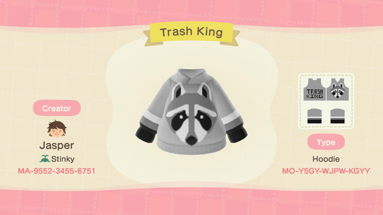 Animal Crossing Design Code: MO-Y5GY-WJPW-KGYY Trash King Raccoon H
