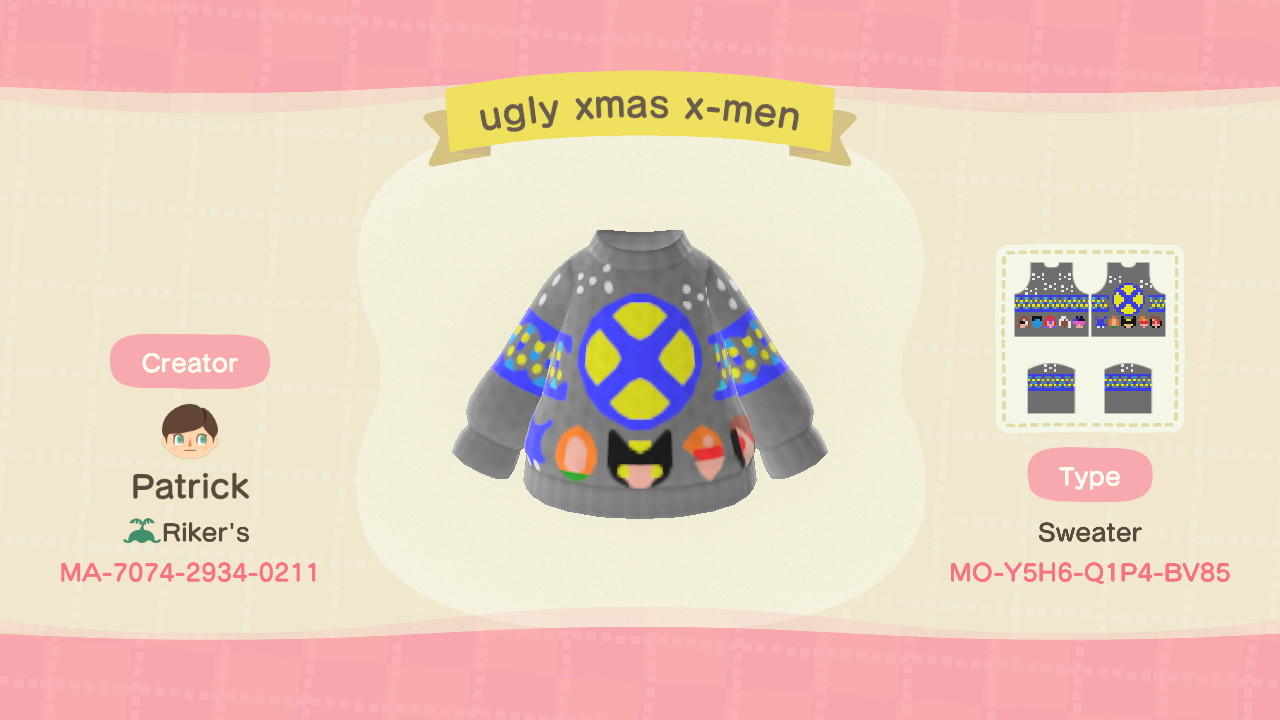 Animal Crossing Design Code: MO-Y5H6-Q1P4-BV85 ugly xmas x-men