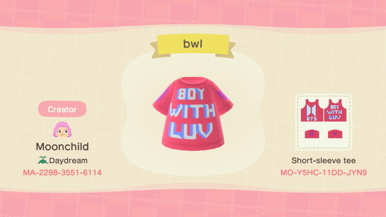 Animal Crossing Design Code: MO-Y5HC-11DD-JYN9 BTS boy with luv