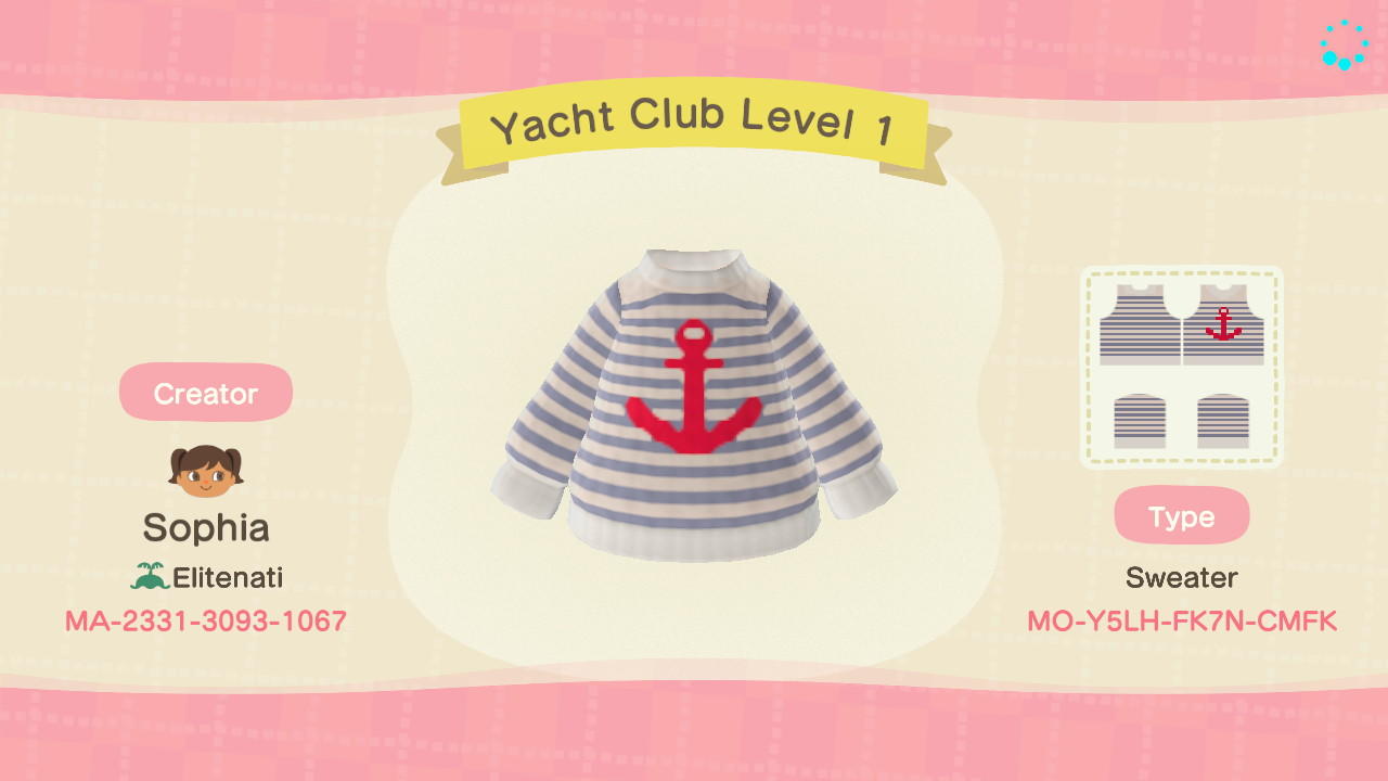 Animal Crossing Design Code: MO-Y5LH-FK7N-CMFK Yacht Club Level 1