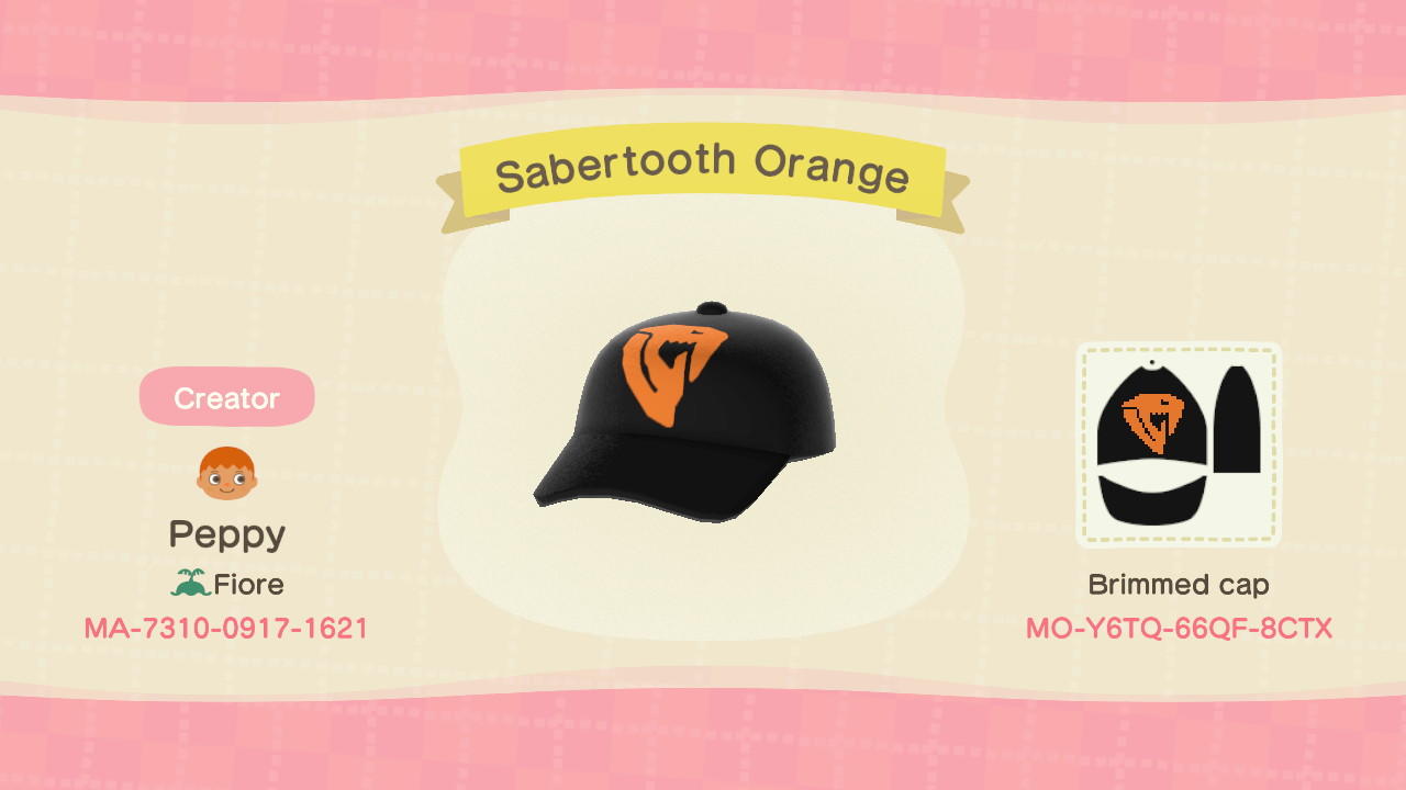 Animal Crossing Design Code: MO-Y6TQ-66QF-8CTX Sabertooth Orange FT