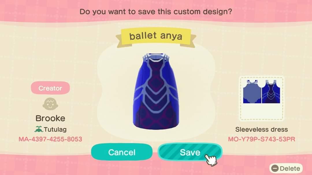 Animal Crossing Design Code: MO-Y79P-S743-53PR Ballet Anya