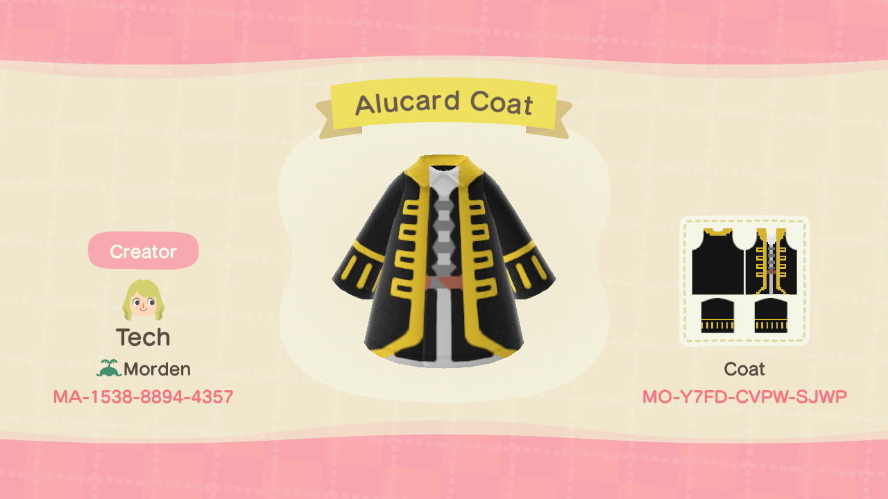 Animal Crossing Design Code: MO-Y7FD-CVPW-SJWP Alucard Coat