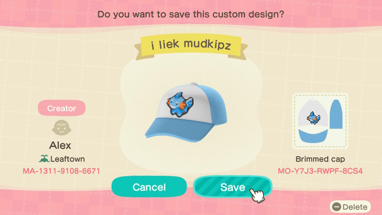 Animal Crossing Design Code: MO-Y7J3-RWPF-8CS4 i liek mudkipz