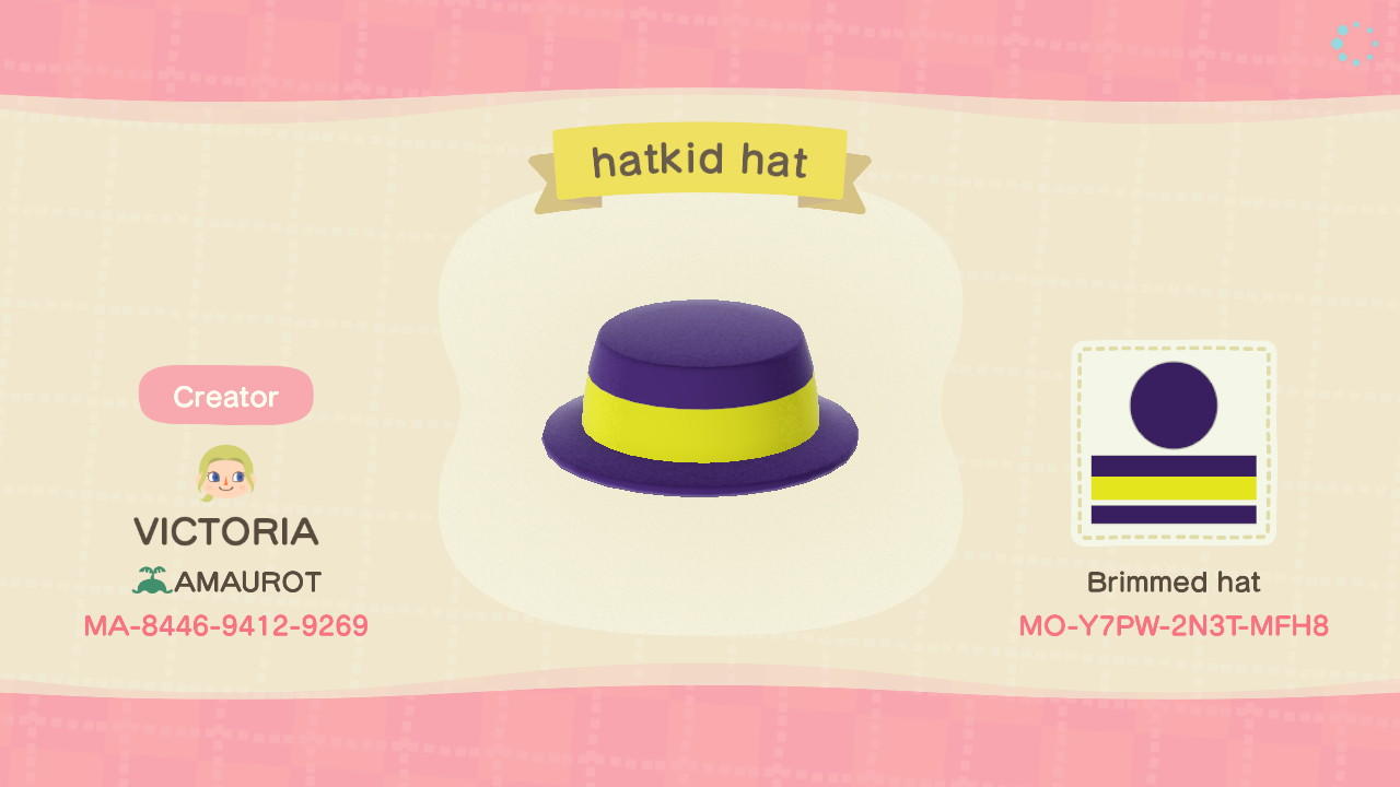 Animal Crossing Design Code: MO-Y7PW-2N3T-MFH8 hatkid hat
