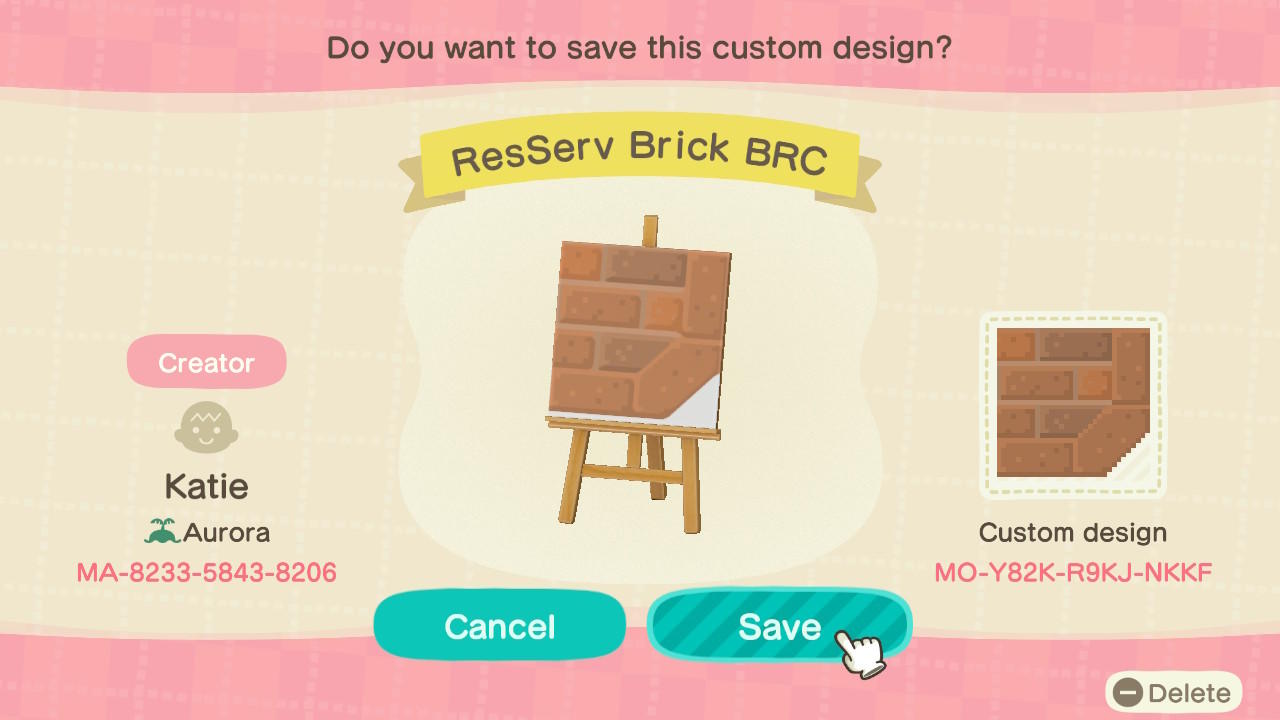 Animal Crossing Design Code: MO-Y82K-R9KJ-NKKF ResServ Brick BRC
