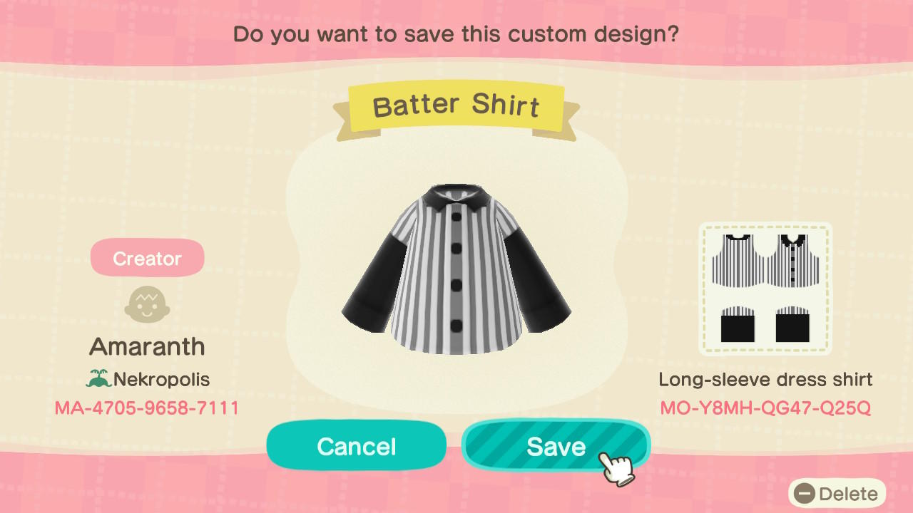 Animal Crossing Design Code: MO-Y8MH-QG47-Q250 Batter Shirt