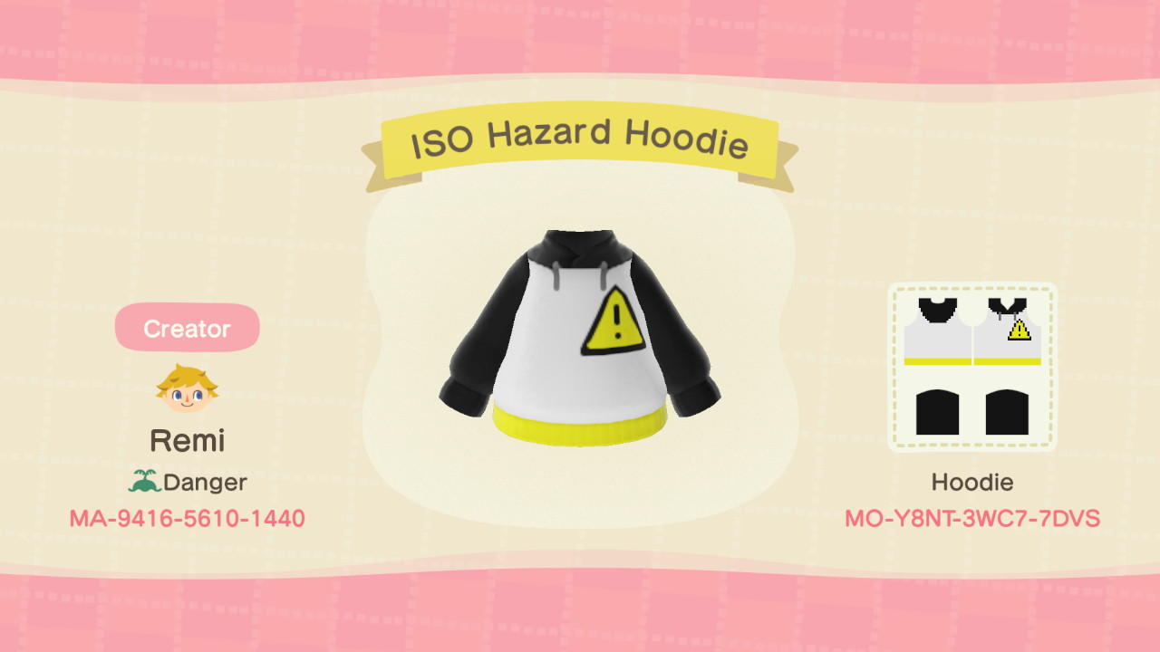 Animal Crossing Design Code: MO-Y8NT-3WC7-7DV8 ISO Hazard Hoodie