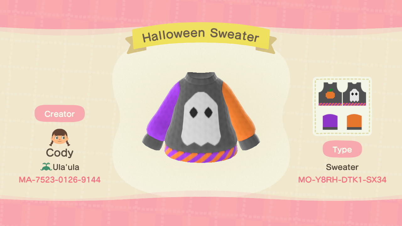 Animal Crossing Design Code: MO-Y8RH-DTK1-SX34 Halloween Sweater