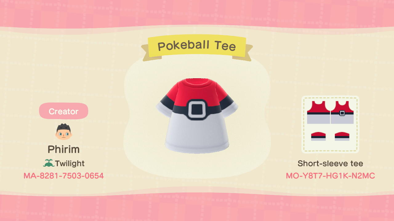 Animal Crossing Design Code: MO-Y8T7-HG1K-N2MC Pokéball Tee