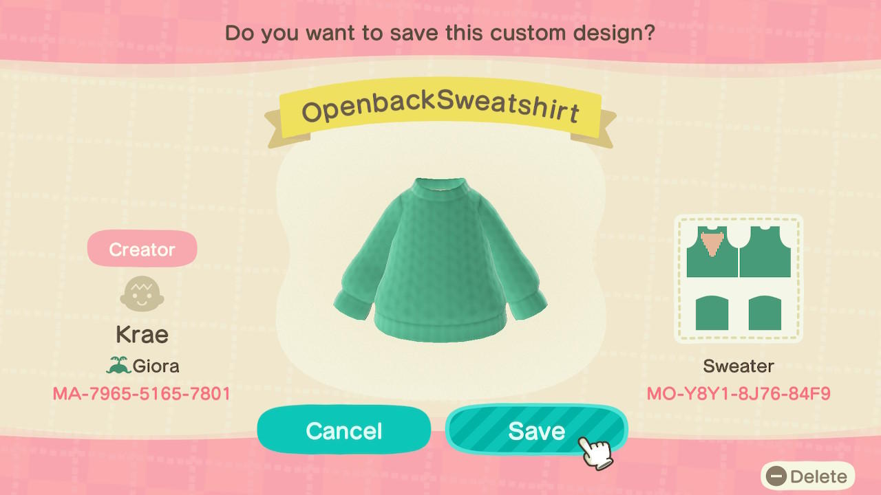 Animal Crossing Design Code: MO-Y8Y1-8J76-84F9 Open-back Sweatshirt