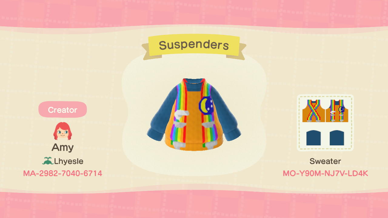 Animal Crossing Design Code: MO-Y90M-NJ7V-LD4K Suspenders